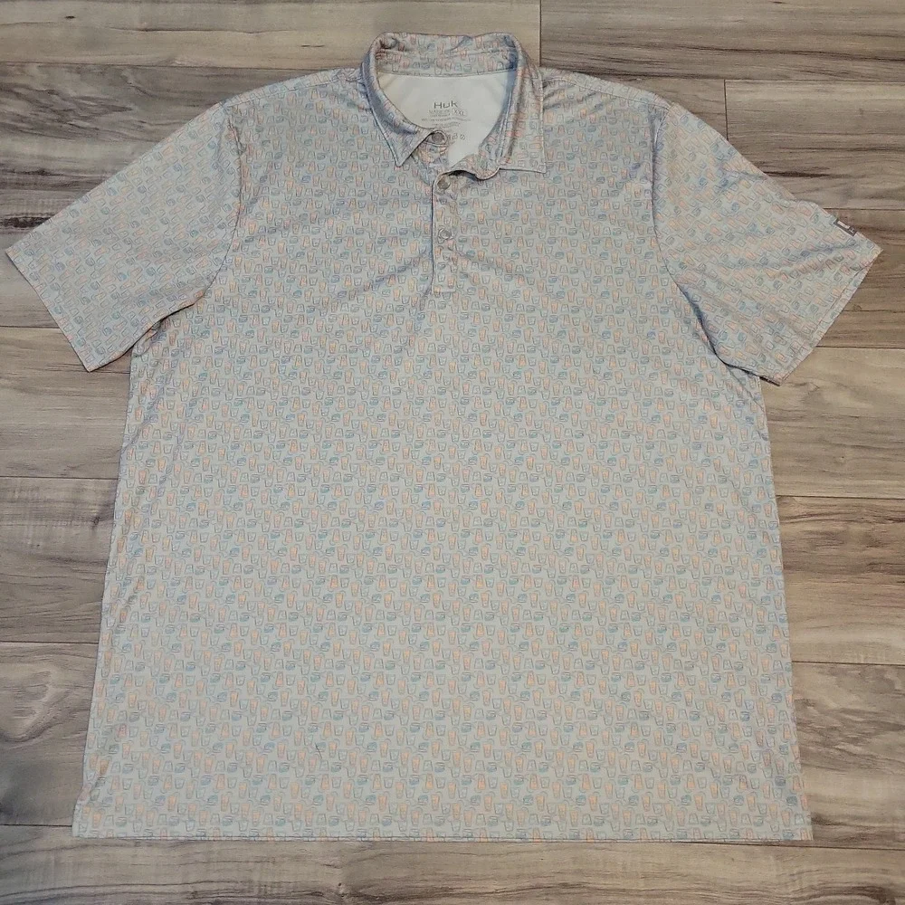 Huk Pursuit Grey Performance Polo Shirt Cocktails AOP Mens‎ Large Short Sleeve